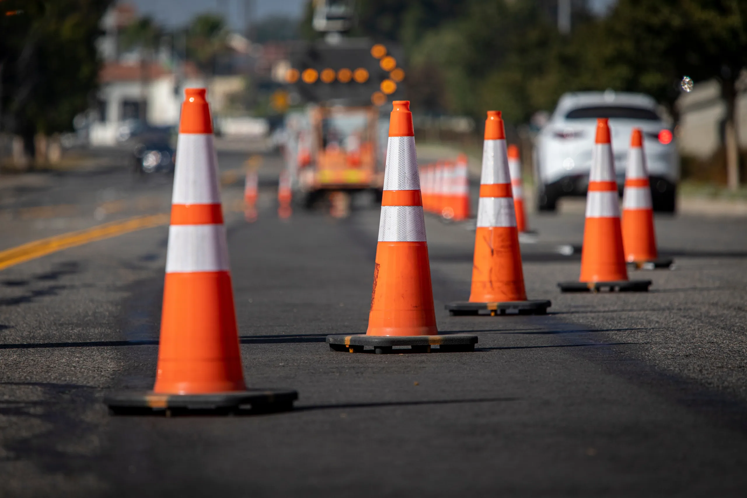 Traffic cones during roadworks and improvements in Reading.