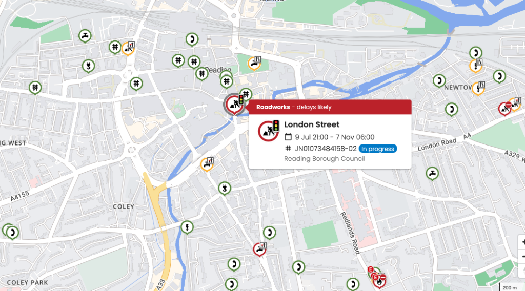 Live map showing road works and delays in Reading